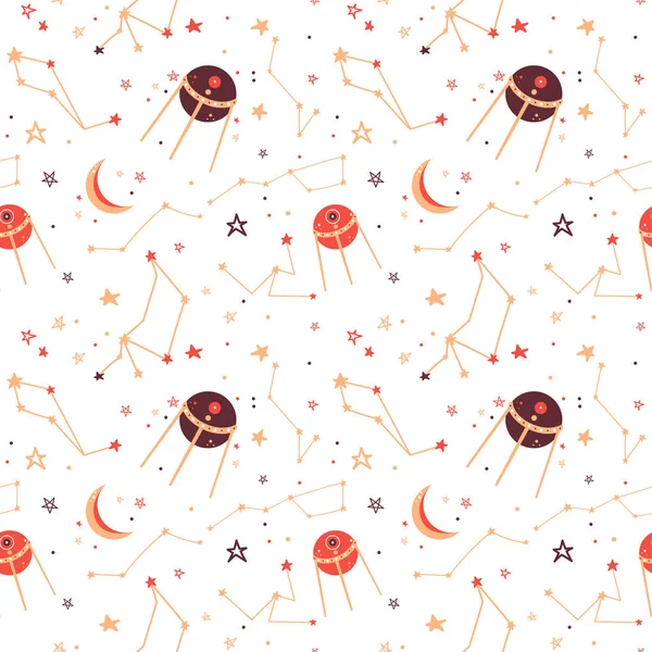 Seamless pattern. Space elements, children's pattern, astronauts, planets, stars. Space and the universe. White background.