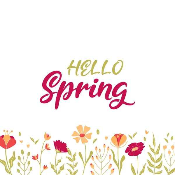 Hello Spring Lettering Vector Banner Spring Flowers Plants Leaves Vector — Stock Vector