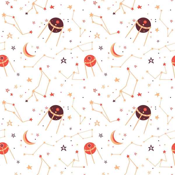 Seamless vector pattern. Space elements, children's pattern, astronauts, planets, stars. Space and the universe. White background.