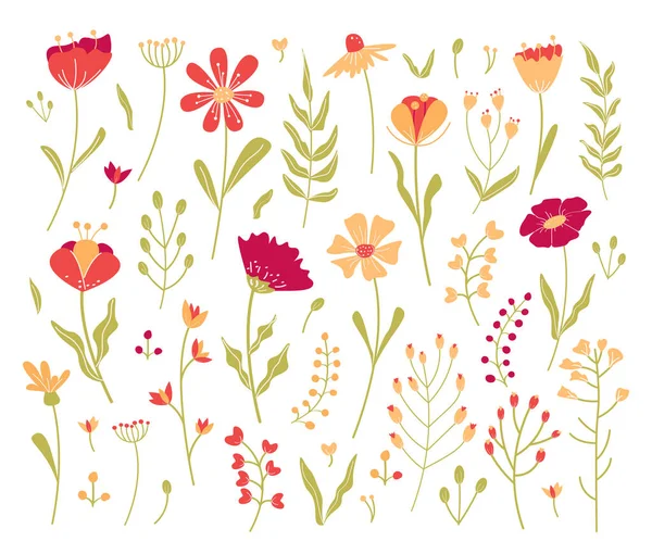 Ανοιξιάτικα Λουλούδια Φύλλα Μπουμπούκια Και Κλαδιά Κίτρινα Κόκκινα Και Πράσινα — Διανυσματικό Αρχείο