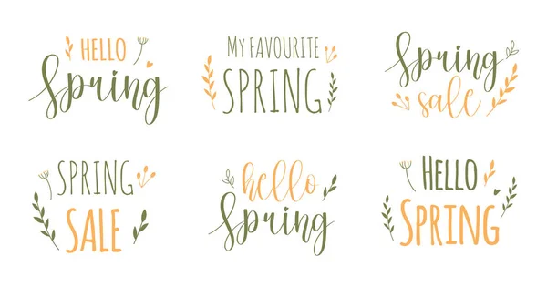 ベクトル碑文 こんにちは春 春の販売 最愛の春 ベクトル分離元 夏と春の花や葉 黄色と緑のミニマルなスタイリッシュなレタリング — ストックベクタ