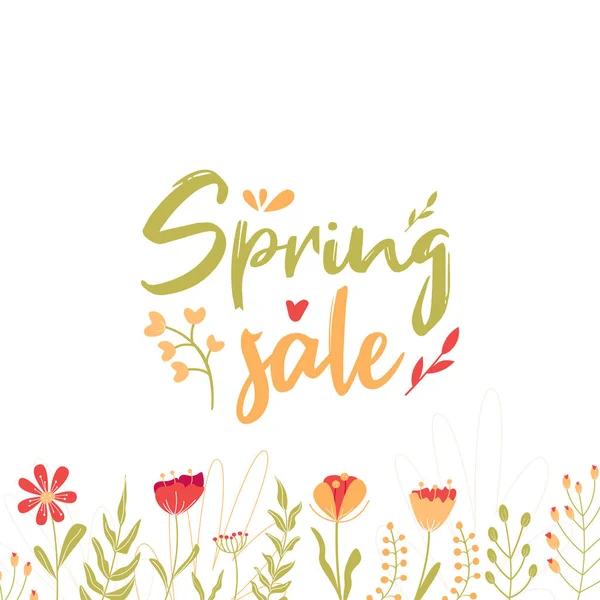 Spring Sale Lettering Banner Spring Flowers Plants Leaves Flower Illustration — Stock Photo, Image