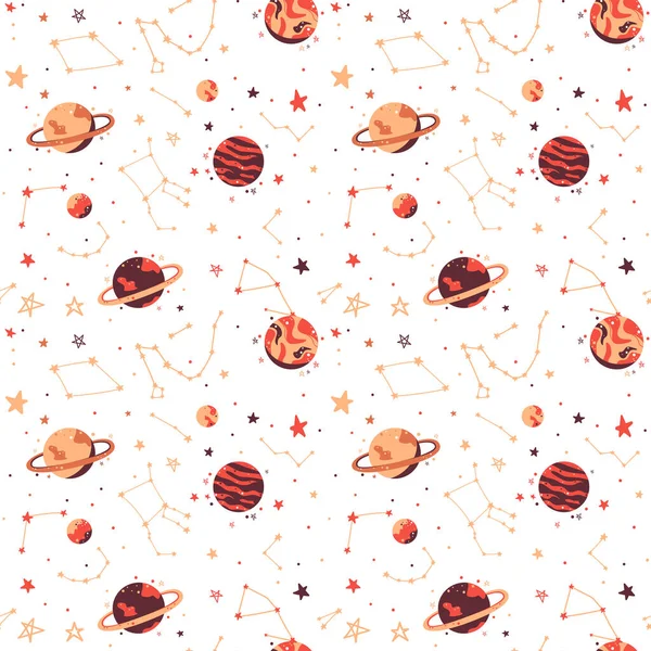 Seamless pattern. Space elements, children's pattern, astronauts, planets, stars. Space and the universe. White background