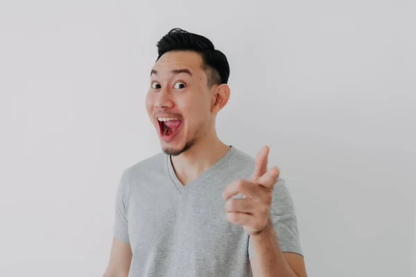 Wow face of Asian man wear grey t-shirt advertising a product. — Foto Stock