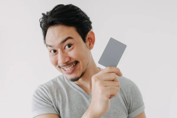 Happy funny face man show off his empty card on white background. — Stock Photo, Image