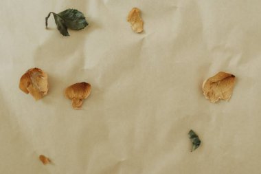 Kurumuş sarı gül yaprağı ve kahverengi el işi kağıdıyla dekore edilmiş arka plan..