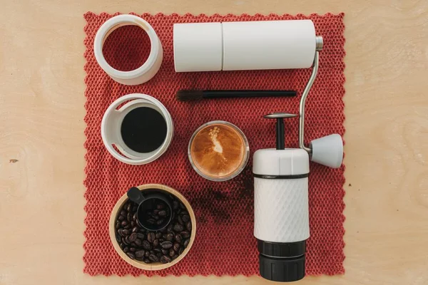 Espresso coffee with french press coffee maker and grinder equipments.