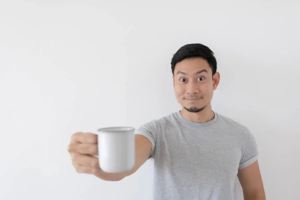 Happy Asian Man Drink Healthy Water White Cup Isolated White — Stock Photo, Image