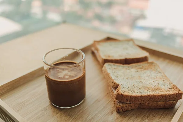 Easy Simple Breakfast Sandwich Ham Cup Espresso Coffee — Stock Photo, Image