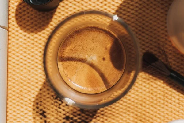 Close Top View Espresso Coffee Beautiful Crema Small Glass — Stock Photo, Image