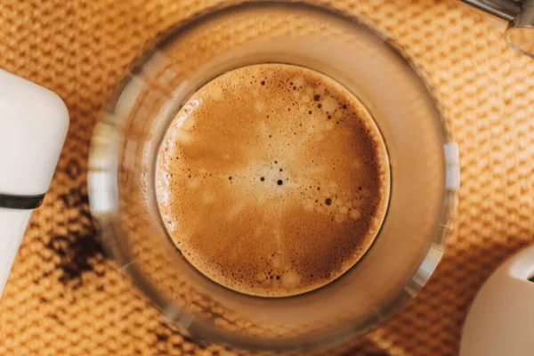 Close Top View Espresso Coffee Beautiful Crema Small Glass — ストック写真