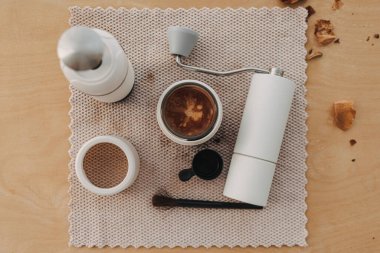 Espresso coffee crema with grind and french press manual equipments.