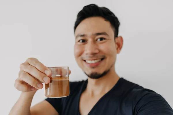 Happy Face Asian Man Test Proud His Coffee — Stock Photo, Image