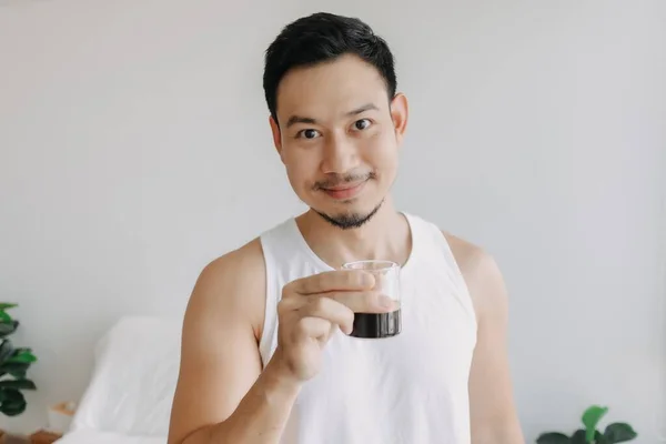 Asian Man Dink Shot Espresso Coffee His House Fresh Morning — Foto Stock