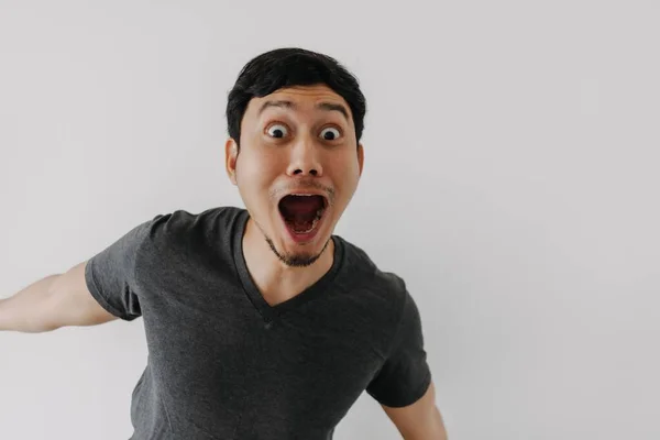 Funny Surprised Shocked Asian Man Face Promotion Isolated Background — Stock Photo, Image