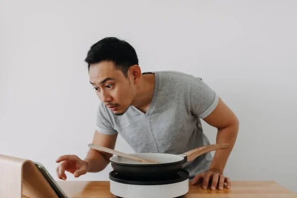 Asian Man Learn Online Cooking Class Dinner Isolated White Background — Stok Foto