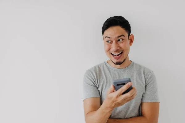 Wow Surprise Face Asian Man Use Smartphone Copy Space Advertisement — Stock Fotó