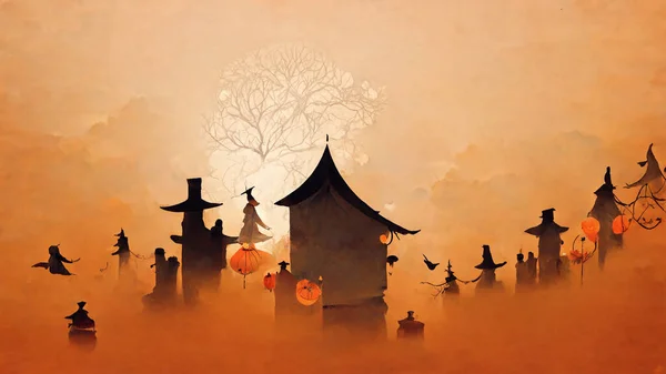 Halloween season festival haunted house ghosts background. Digital painting.