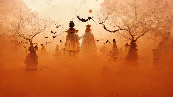 Halloween season festival haunted house ghosts background. Digital painting.