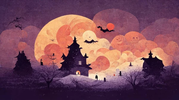 Halloween season festival haunted house ghosts background. Digital painting.