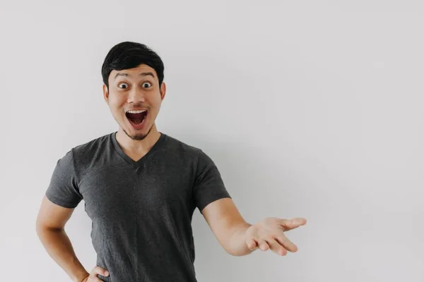 Wow Surprise Shock Face Asian Man Black Shirt Isolated White — Stock Photo, Image