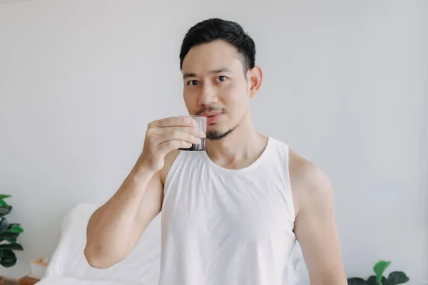 Asian Man Dink Shot Espresso Coffee His House Fresh Morning — Foto Stock