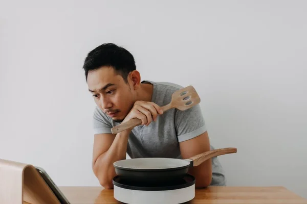 Asian Man Learn Online Cooking Class Dinner Isolated White Background — Stok Foto