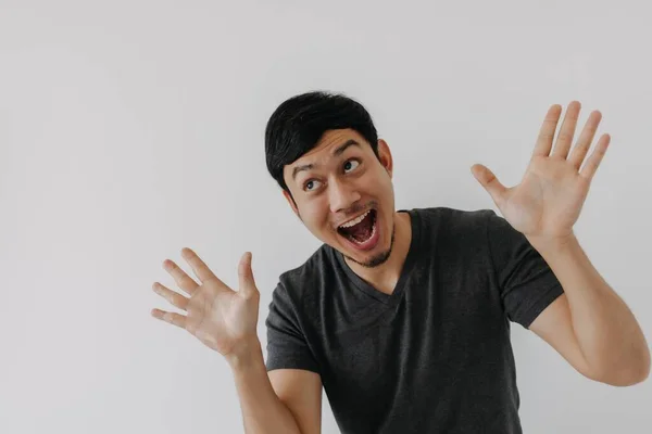 Wow Surprise Shock Face Asian Man Black Shirt Isolated White — Stock Photo, Image