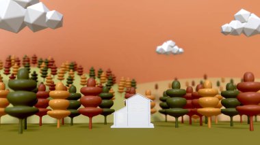 Sonbahar mevsiminin ormanında, turuncu gökyüzü ile evin grafiksel 3D canlandırması.
