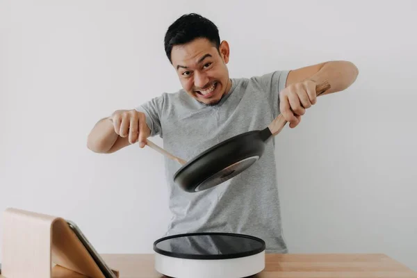 Happy Funny Man Cooking Watching Tutorial Isolated White Background — Stok Foto