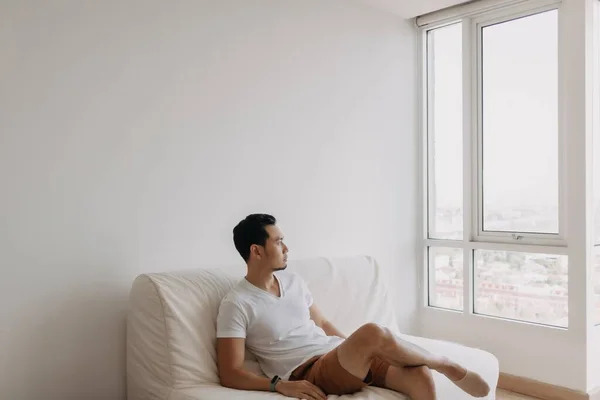 Bored Lonely Asian Man His Spare Time Waste His Apartment — Stok Foto