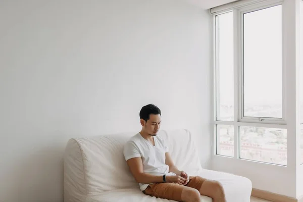 Bored Lonely Asian Man His Spare Time Waste His Apartment — Foto de Stock