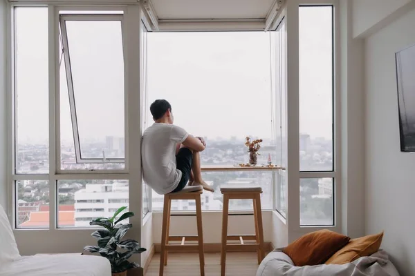 Lonely Asian Man Sit Windows Room Concept Lonely Single Broken — Stok Foto