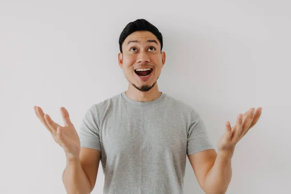 Happy Asian Man Grey Shirt Offer Space Content Advertisement — Stock Photo, Image