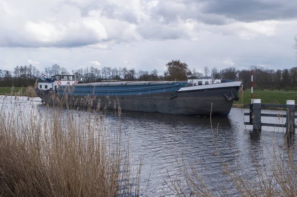 Cargo Boat Approaches Open Lift Bridge River Oude Ijssel Clouded — Photo