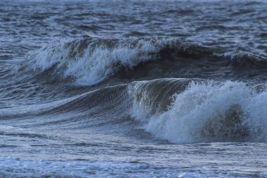 Sonbaharda fırtınalı ve güneşli bir günde Ouddorp köyü yakınlarındaki Hollanda sahillerine köpüklü dalgalar vuruyor.