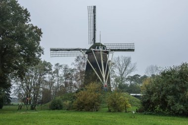 Eski bir yel değirmeni Sonbaharda gri bir günde Witte 'nin küçük köyünde 