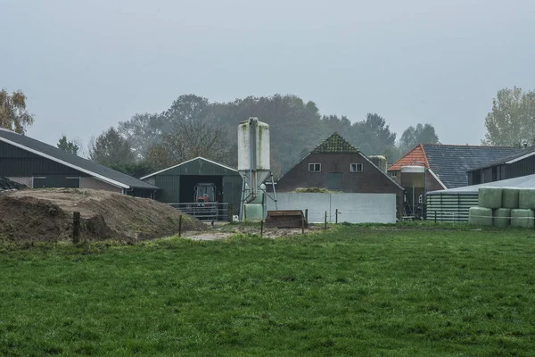 backsite of a farm with cow stables, fodder silos, silage pile, green hay bales, a tractor and a red roof