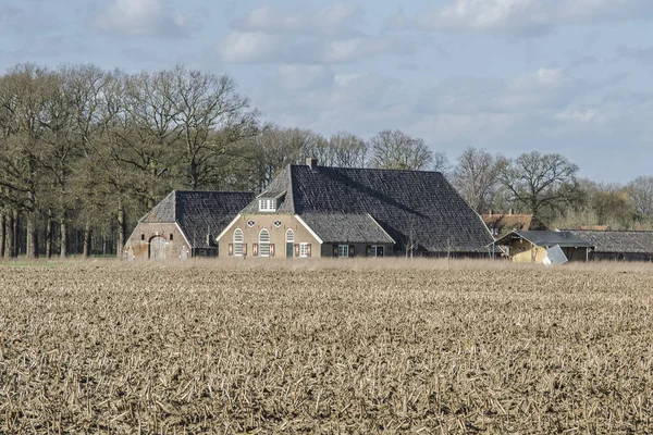 Ehemaliges Bauernhaus Mit Farbigen Fensterläden Scheunen Und Zelt Hinter Maisstoppelfeld — Stockfoto