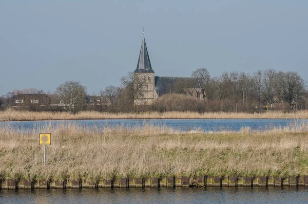 Régi Templom Falu Drempt Mögött Nád Földek Folyó Oude Ijssel — Stock Fotó