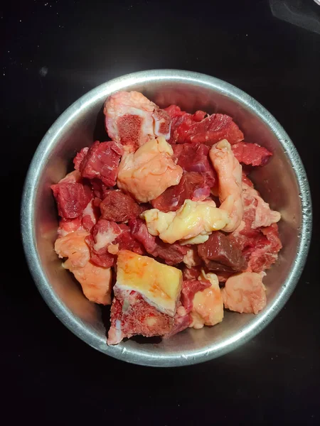 Daging Daging Sapi Dalam Mangkuk Tampilan Atas Dengan Latar Belakang — Stok Foto