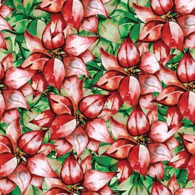 Noellerin kırmızı noktalı çiçekleriyle sulu boya desenleri. Noel ağacı kutlaması için bir kağıt. Kış Yeni Yıl Tasarımı.