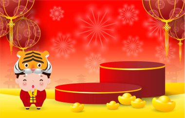 Podyum sahnesi, podyum ürün sergisi ve kağıt sanatı Çin Yeni Yılı, kaplan burcunun küçük çocuklar tarafından el sanatları stili illüstrasyonla donatılmış gong xi fa cai ile selamlanması.