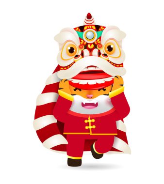 Mutlu Çin yeni yılı 2022 kaplan yılı, şirin kaplan aslan dansı yapar, tebrik kartı zodyak vektör çizimi beyaz arka planda izole edilir..