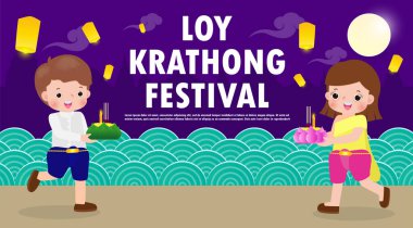 Loy Krathong Festivali pankartı, Taylandlı şirin bir çiftin dolunay gecesi krathong giyip fenerlerle Tayland 'ın Kültür ve Kutlama posterlerinin arka plan taşıyıcı şablonunu taşıdığı bir konsept.