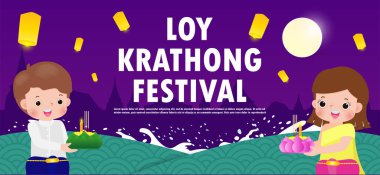 Loy Krathong Festivali pankartı, Taylandlı şirin bir çiftin dolunay gecesi krathong giyip fenerlerle Tayland 'ın Kültür ve Kutlama posterlerinin arka plan taşıyıcı şablonunu taşıdığı bir konsept.