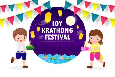 Loy Krathong Festivali pankartı, Taylandlı şirin bir çiftin dolunay gecesi krathong giyip fenerlerle Tayland 'ın Kültür ve Kutlama posterlerinin arka plan taşıyıcı şablonunu taşıdığı bir konsept.