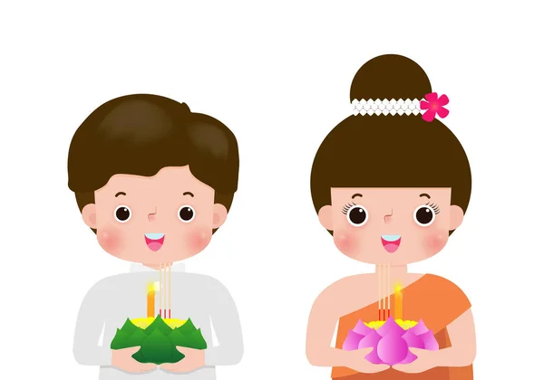 Festival Loy Krathong Con Linda Pareja Tailandesa Traje Traditiona Celebración — Vector de stock