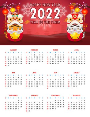 Takvim 2022. Yeni Çin yılın kutlu olsun. Mutlu Çin Yeni Yılı 2022 Kaplan Zodyak Haftası Pazar günü başlıyor. Takvim tasarımı Şablonu İllüstrasyon Vektör Çeviri Yeni Yıl