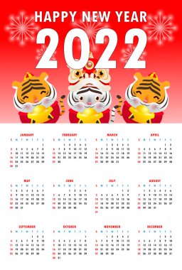 Takvim 2022. Yeni Çin yılın kutlu olsun. Mutlu Çin Yeni Yılı 2022 Kaplan Zodyak Haftası Pazar günü başlıyor. Takvim tasarımı Şablonu İllüstrasyon Vektör Çeviri Yeni Yıl